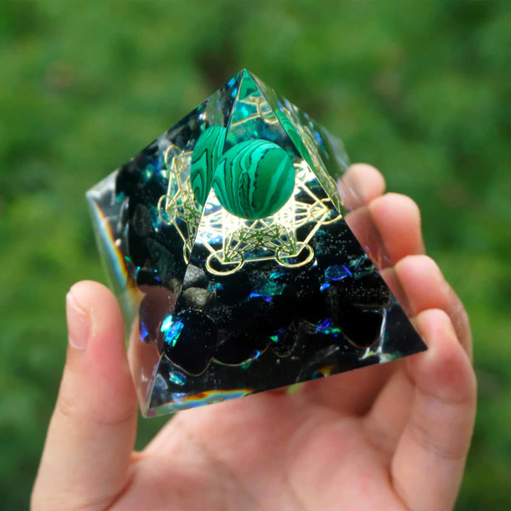 TRIPLE SERENITY MALACHITE & OBSIDIAN ORGONE PYRAMID