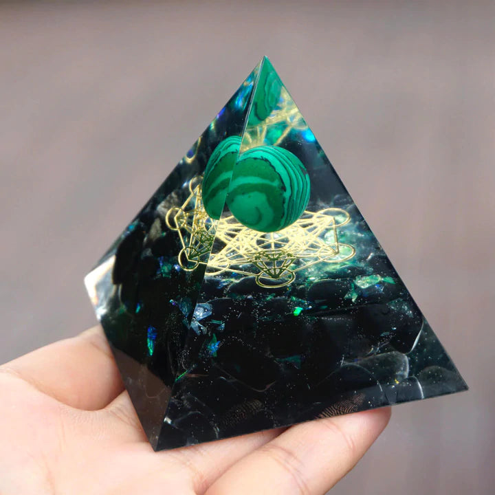 TRIPLE SERENITY MALACHITE & OBSIDIAN ORGONE PYRAMID