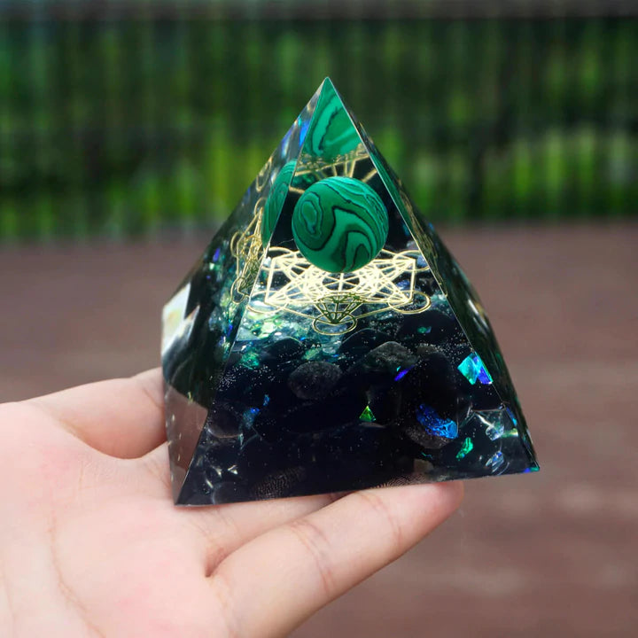 TRIPLE SERENITY MALACHITE & OBSIDIAN ORGONE PYRAMID
