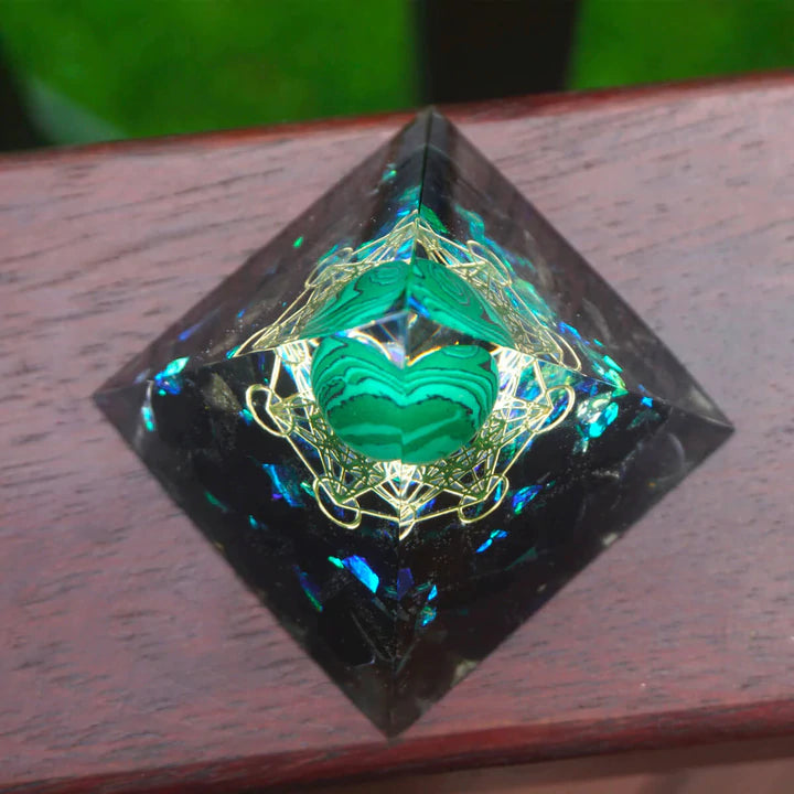 TRIPLE SERENITY MALACHITE & OBSIDIAN ORGONE PYRAMID
