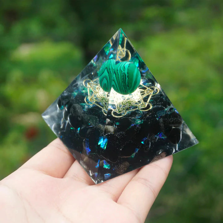 TRIPLE SERENITY MALACHITE & OBSIDIAN ORGONE PYRAMID